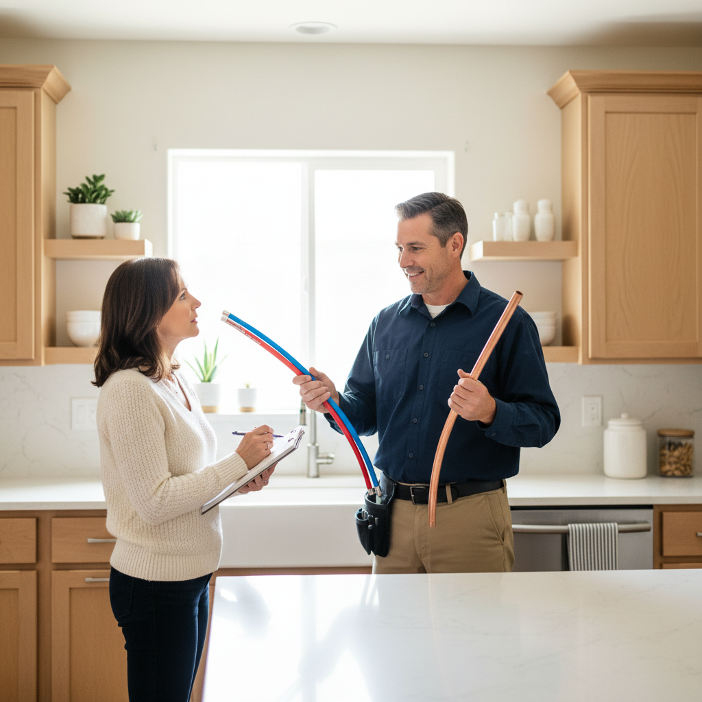Plumber in Santa Rosa, California, showing a homeowner samples of PEX and copper pipes while discussing the average cost of repiping their home