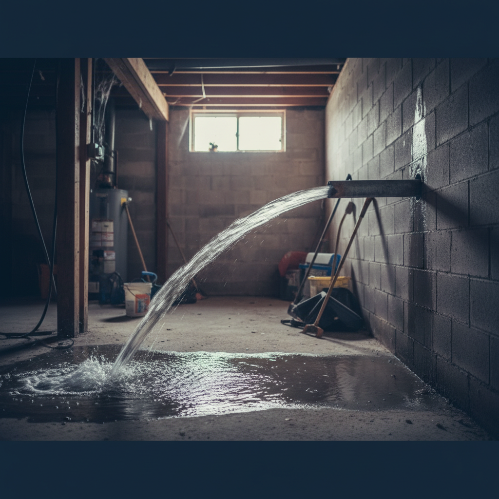 Close-up of a burst pipe spraying water in a dimly lit Santa Rosa basement, highlighting the immediate need to know what to do first.