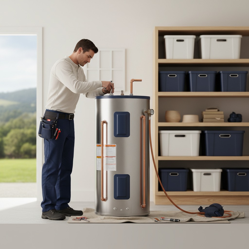 A new, shiny conventional tank-style water heater being installed in a Santa Rosa garage, illustrating the cost to replace a water heater.
