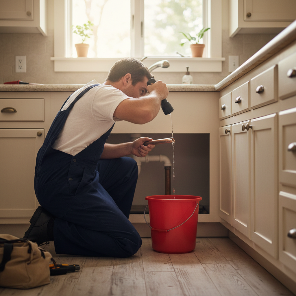 Plumber with flashlight inspecting a burst pipe under a sink in a Healdsburg, CA home during emergency plumbing services