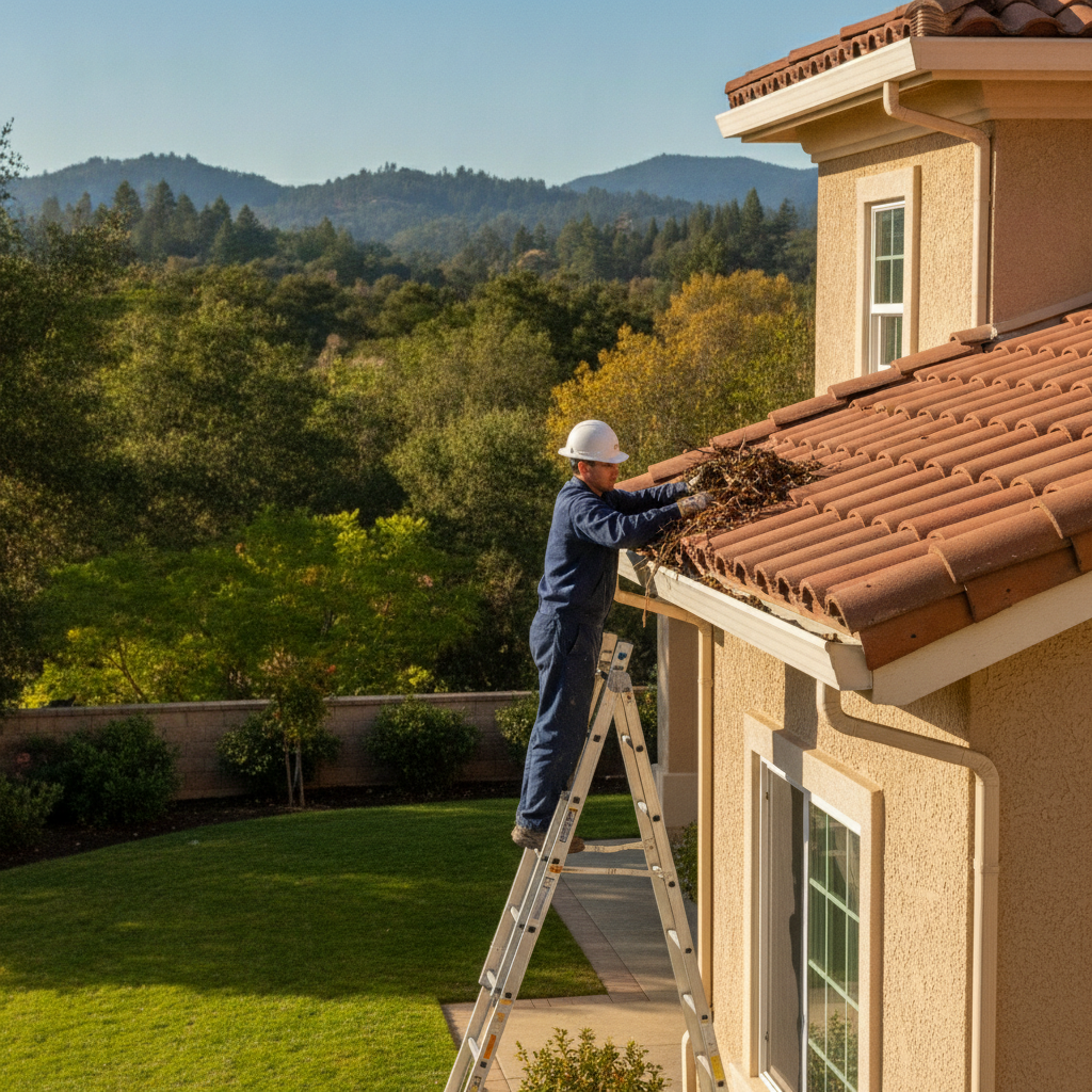 Wide editorial photograph of a Santa Rosa home's gutter being cleaned of leaves during fall plumbing prep, with a hint of autumn foliage in the background.