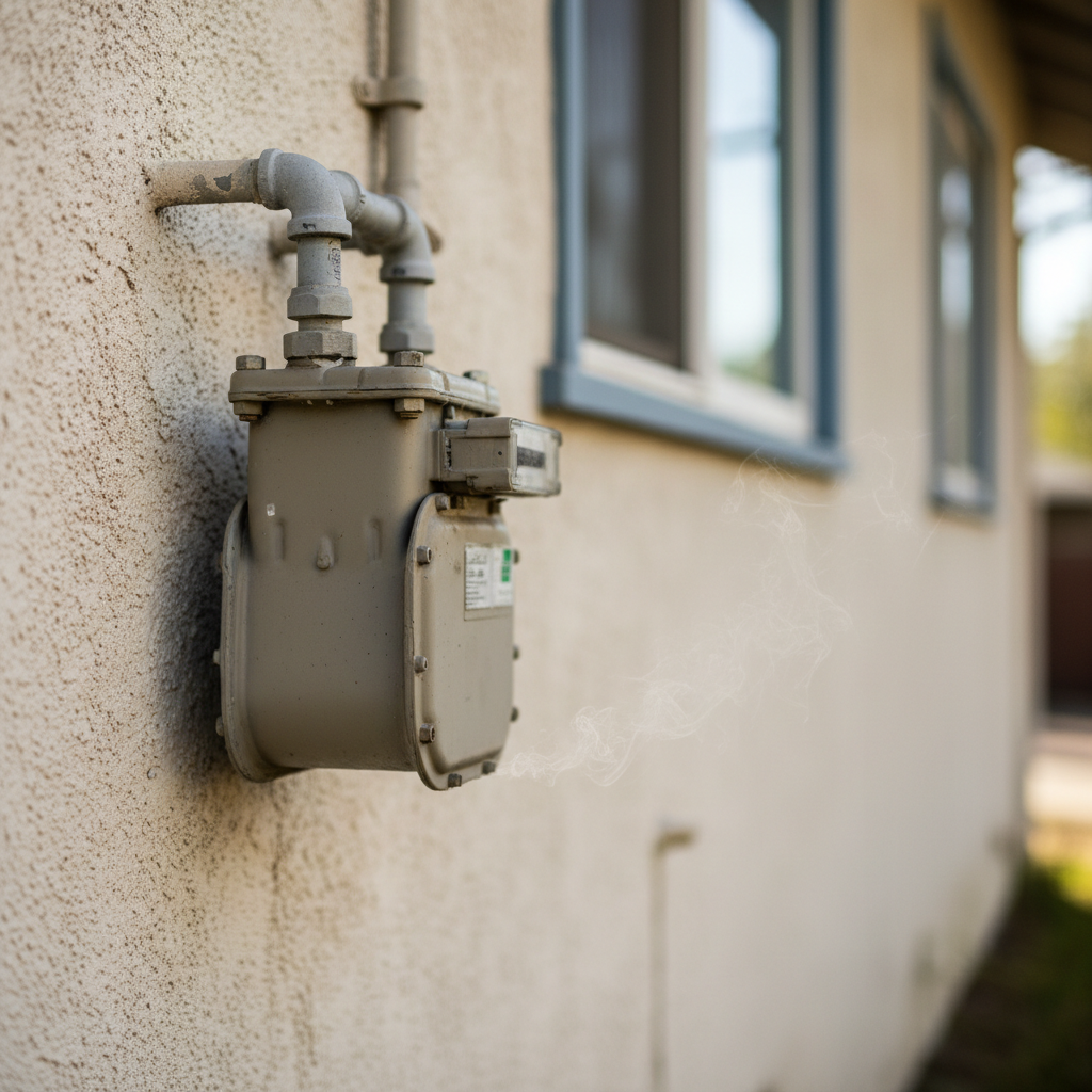 Close-up of a natural gas meter on the side of a Santa Rosa home with a faint, wispy gas cloud indicating a gas line leak warning sign.