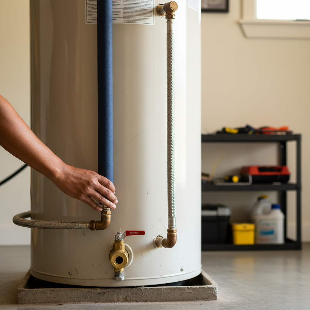 A close-up shot of a well-maintained traditional tank water heater in a Santa Rosa, CA garage, illustrating how long a water heater lasts with proper care.