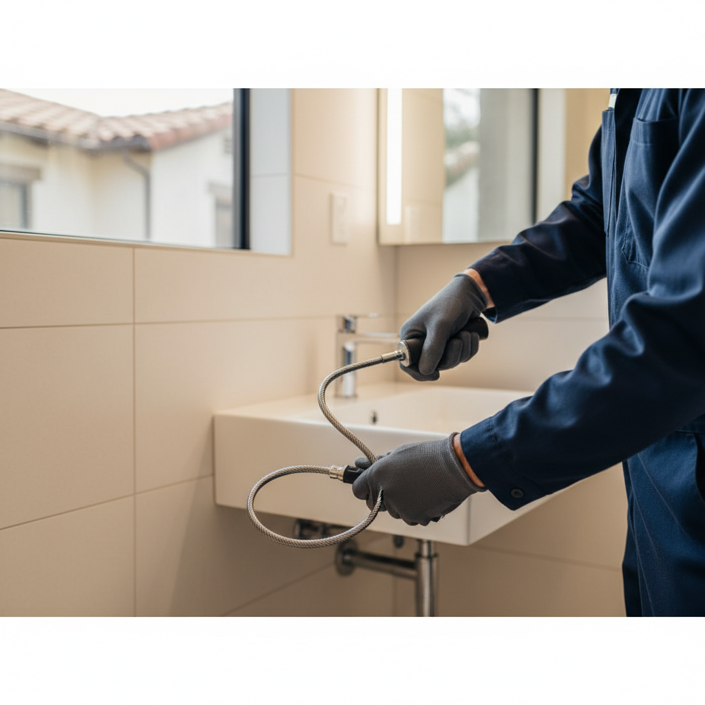 Close-up of a plumber's hands holding a drain snake tool, with a blurred bathroom sink in the background, illustrating drain cleaning cost in Santa Rosa.