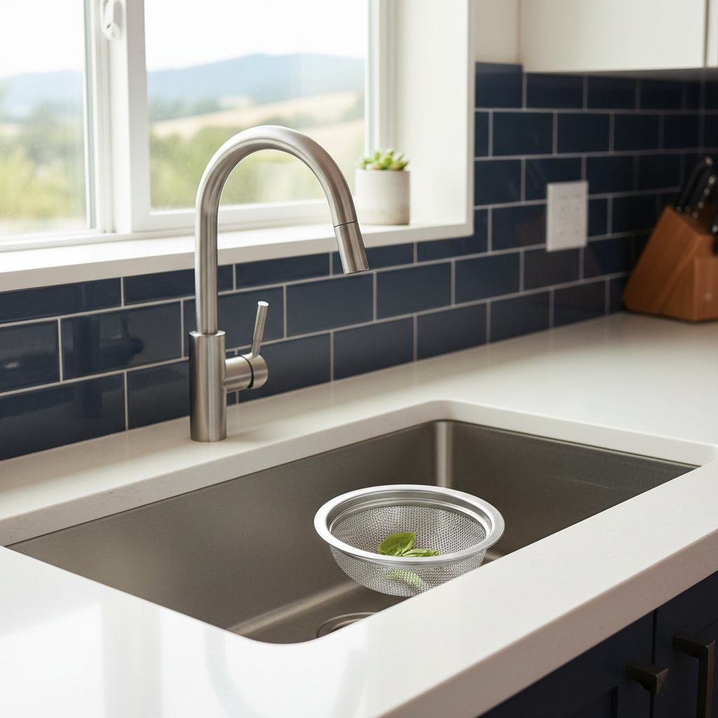 Clean kitchen sink with a new drain strainer, preventing kitchen drain clogs in Santa Rosa, CA