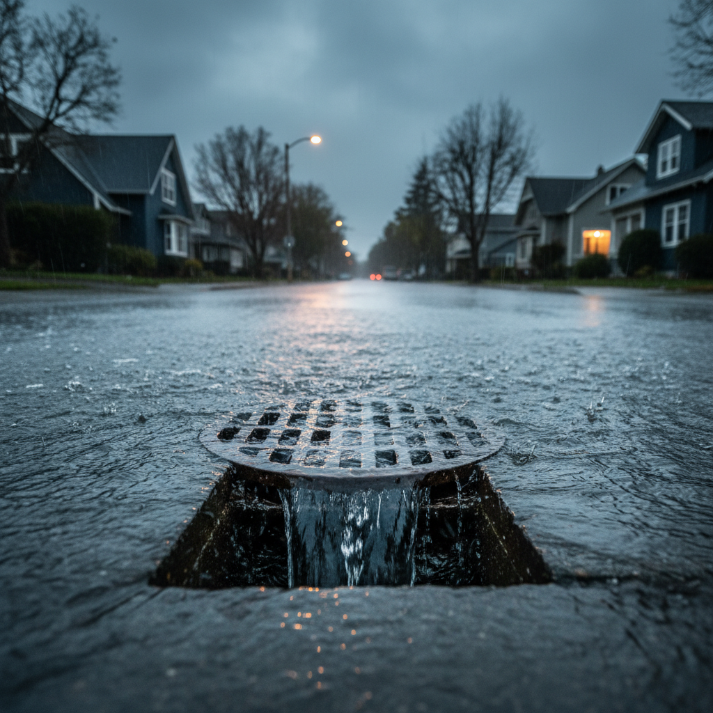 Storm drain overflowing during heavy rain in Santa Rosa, CA, with a blurry house in the background, illustrating rainy season sewer backups.