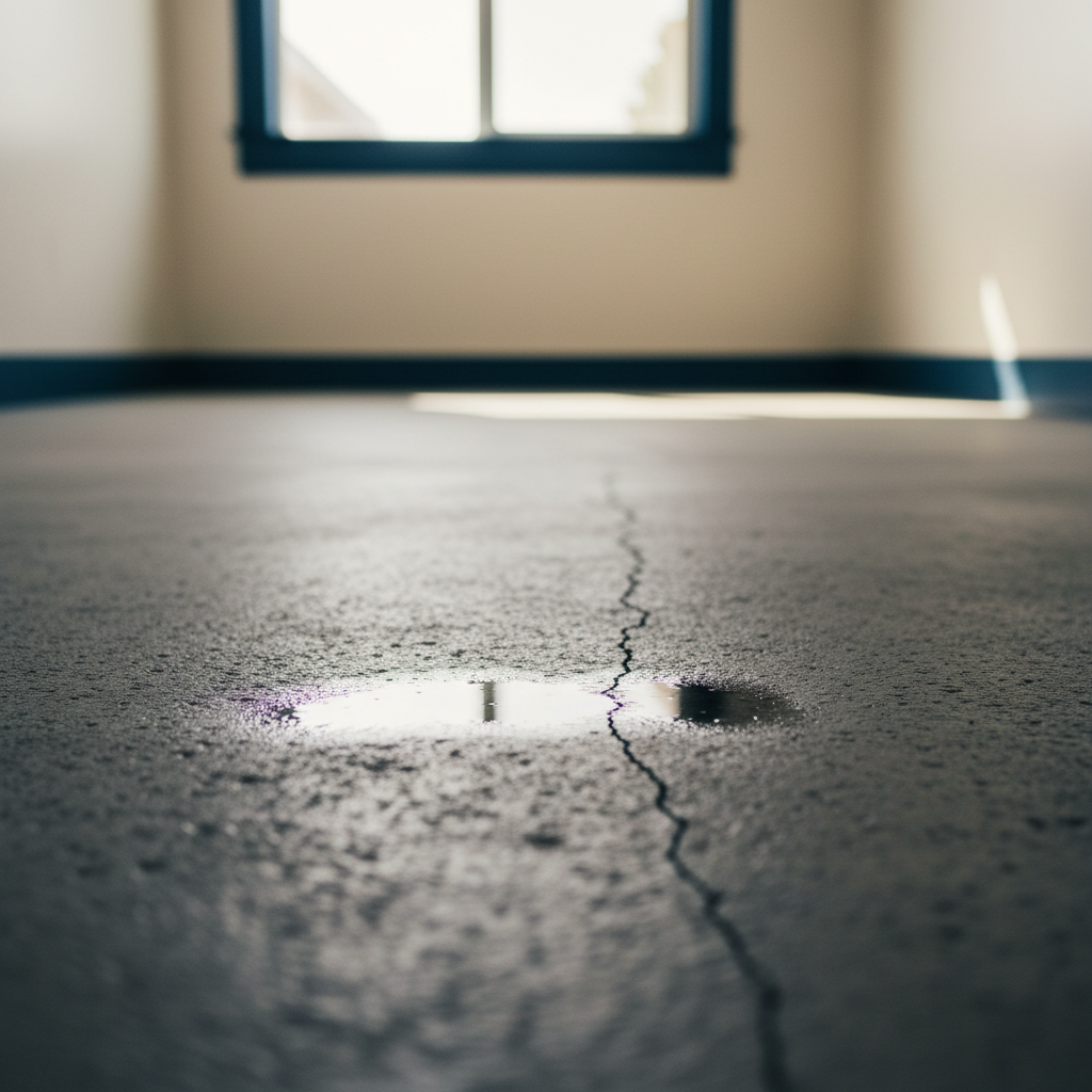 Close-up of a damp concrete floor with a subtle crack and a wet spot, indicating signs of a slab leak beneath a Santa Rosa home's foundation.