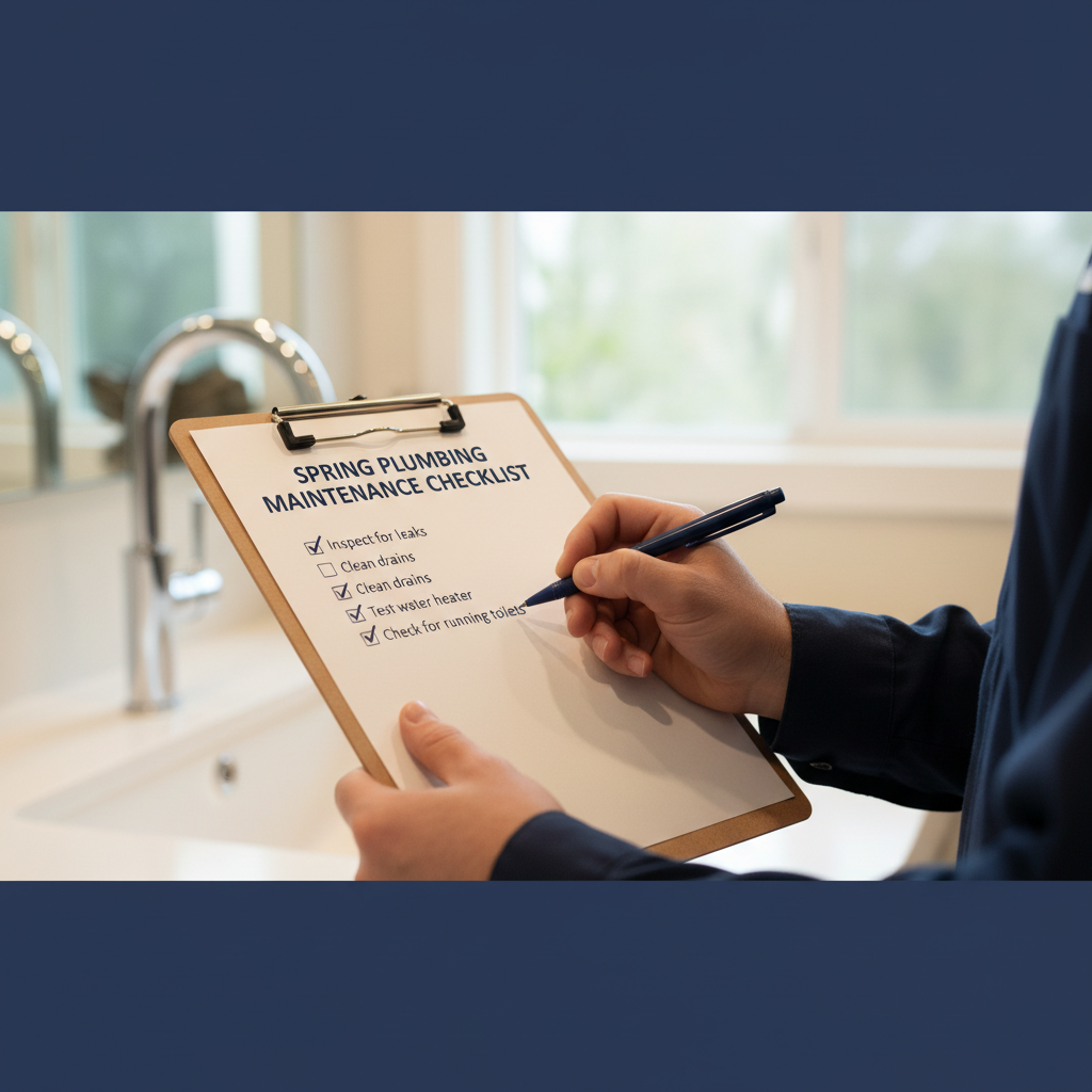 Close-up of a homeowner's hand using a spring plumbing maintenance checklist with a pen, set against a blurred background of a modern kitchen or bathroom in a Sonoma County home.