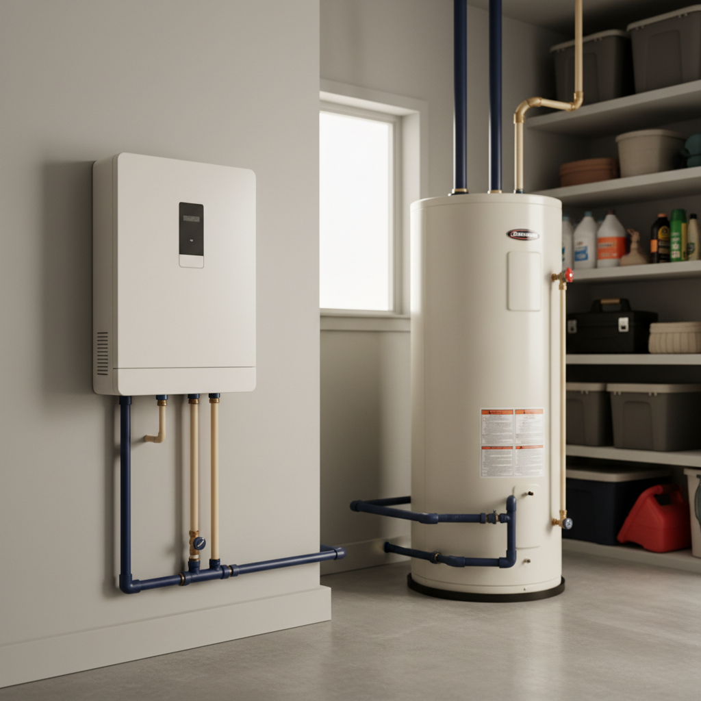 A modern tankless water heater mounted on a garage wall next to a traditional large tank water heater, illustrating the difference in tankless vs tank water heater size in a Santa Rosa home.