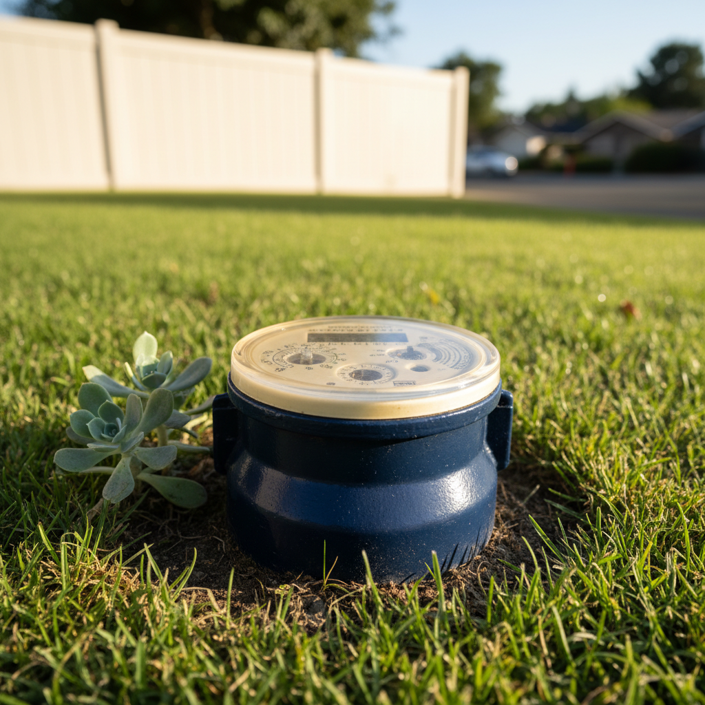 Close-up of a residential water meter with the dials spinning rapidly, indicating a high water bill due to a leak in Santa Rosa, California.